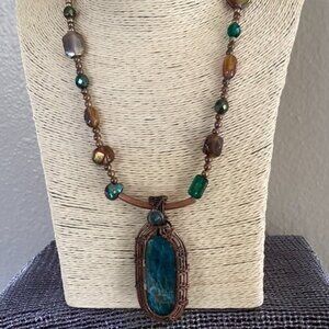 Copper and Green Beaded Necklace with Wire Wrapped Apatite Pendant (20")